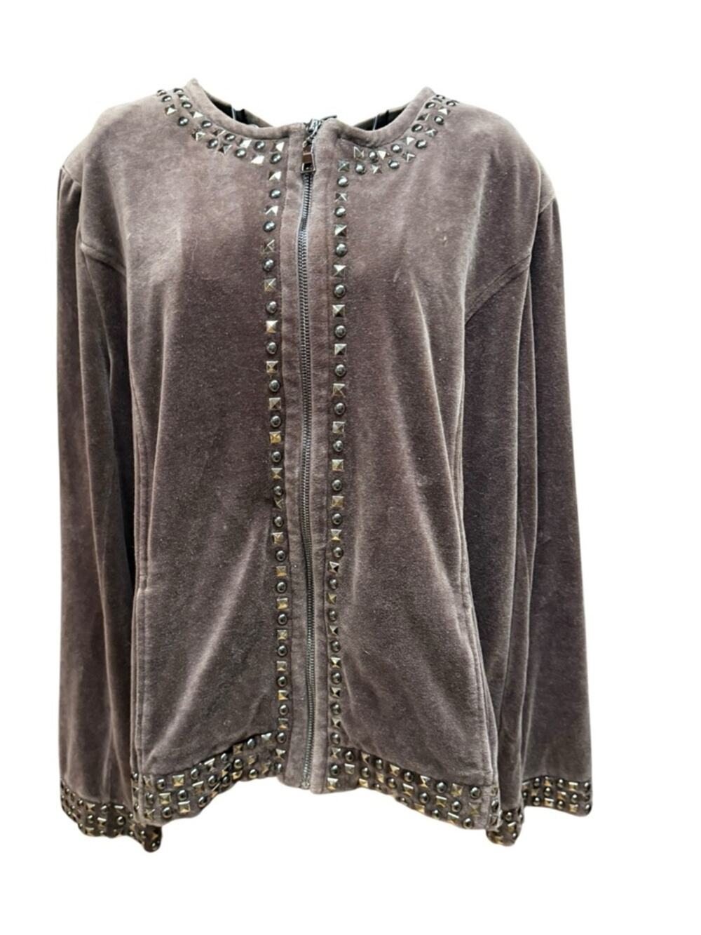 Bloomingdale's Y2K Brown Velvet Zip-Front Jacket with Studded Trim XL